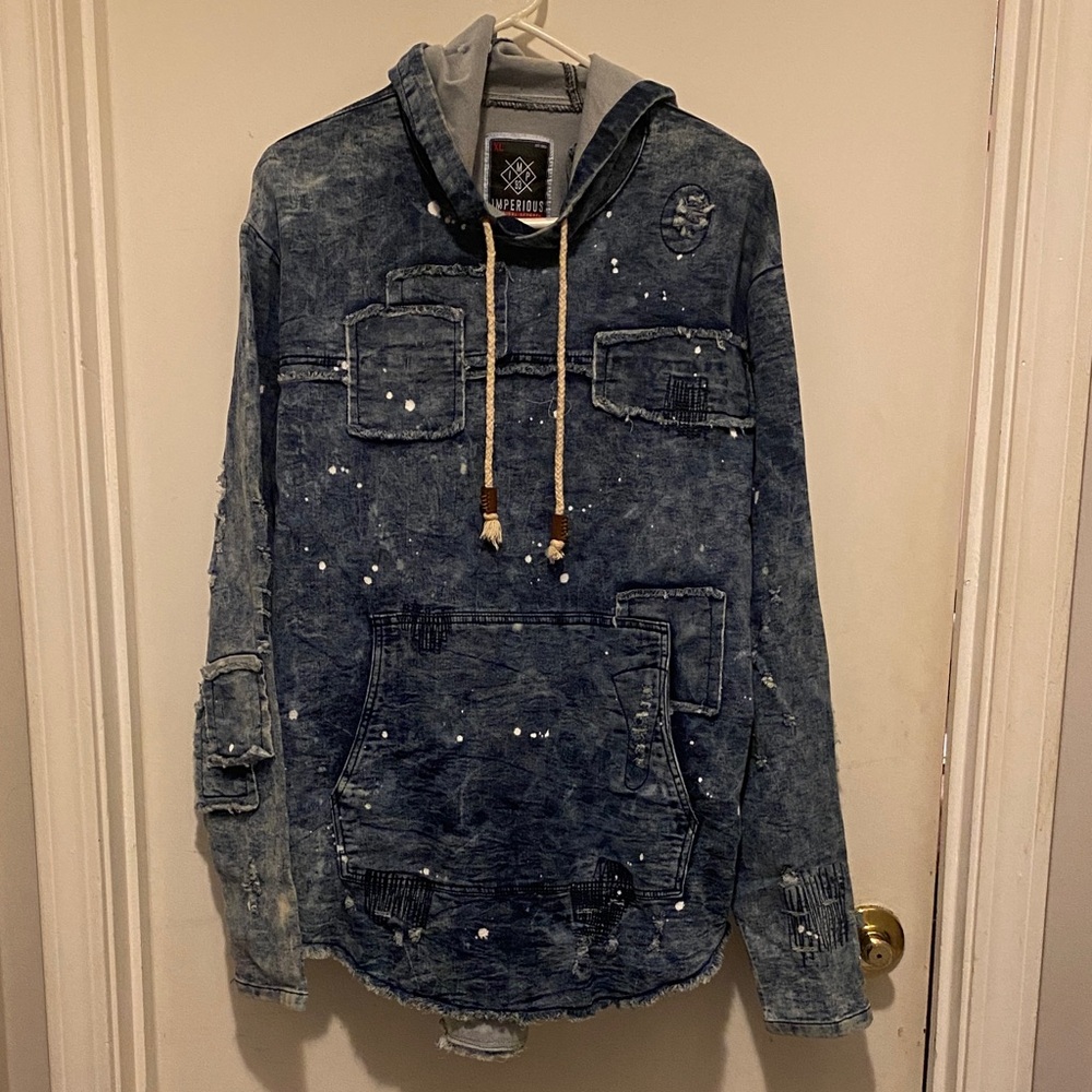 Stylish Blue Distressed Denim Imperious Hooded sweatshirt
